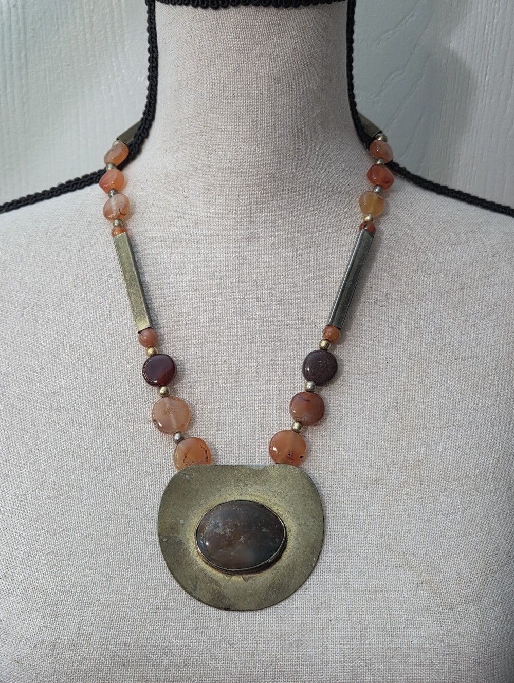 artisan moss agate quartz stone beaded silver tone bar necklace boho brass bold